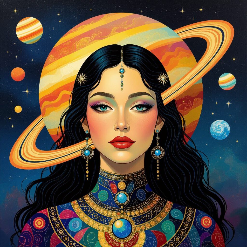 Saturn Alien Gothic Woman: Cosmic Holographic Art