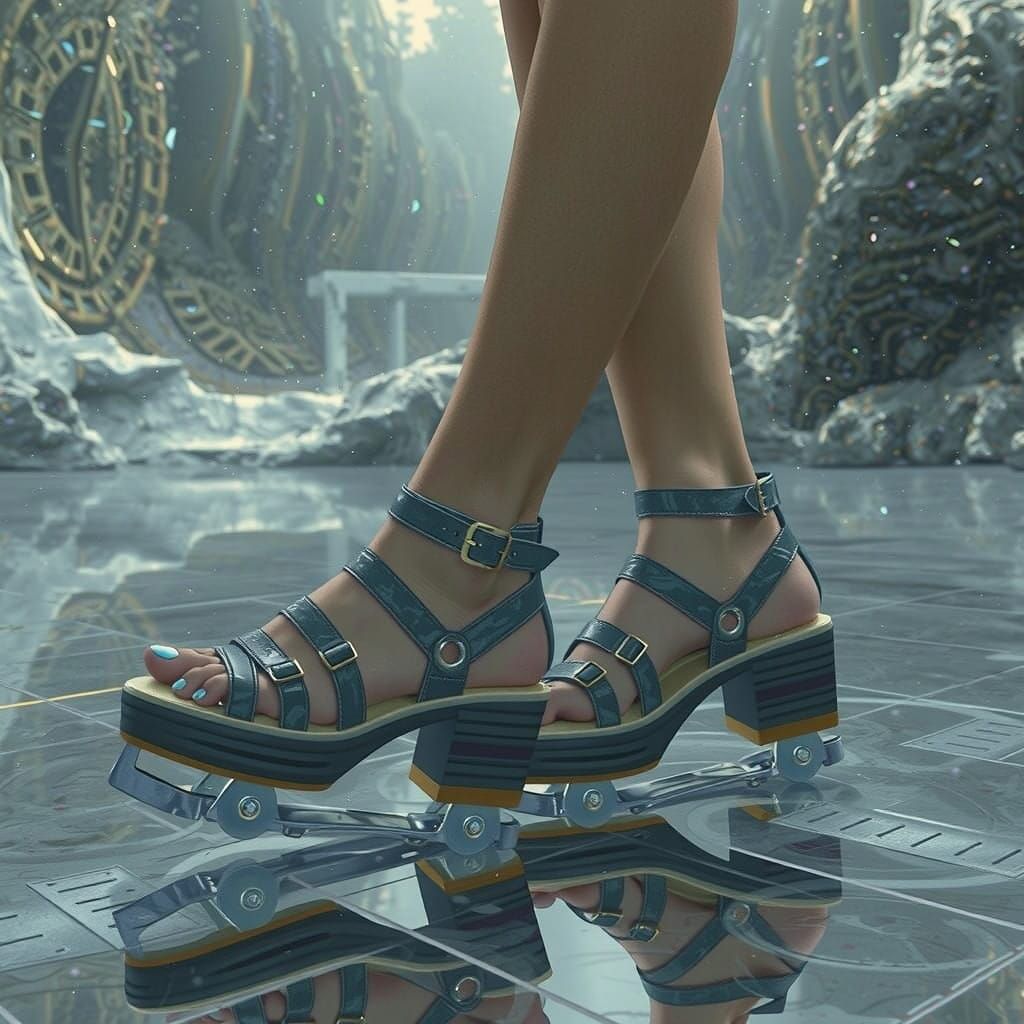 Woman's Feet in Futuristic Roller Skates on a Cosmic Floor
