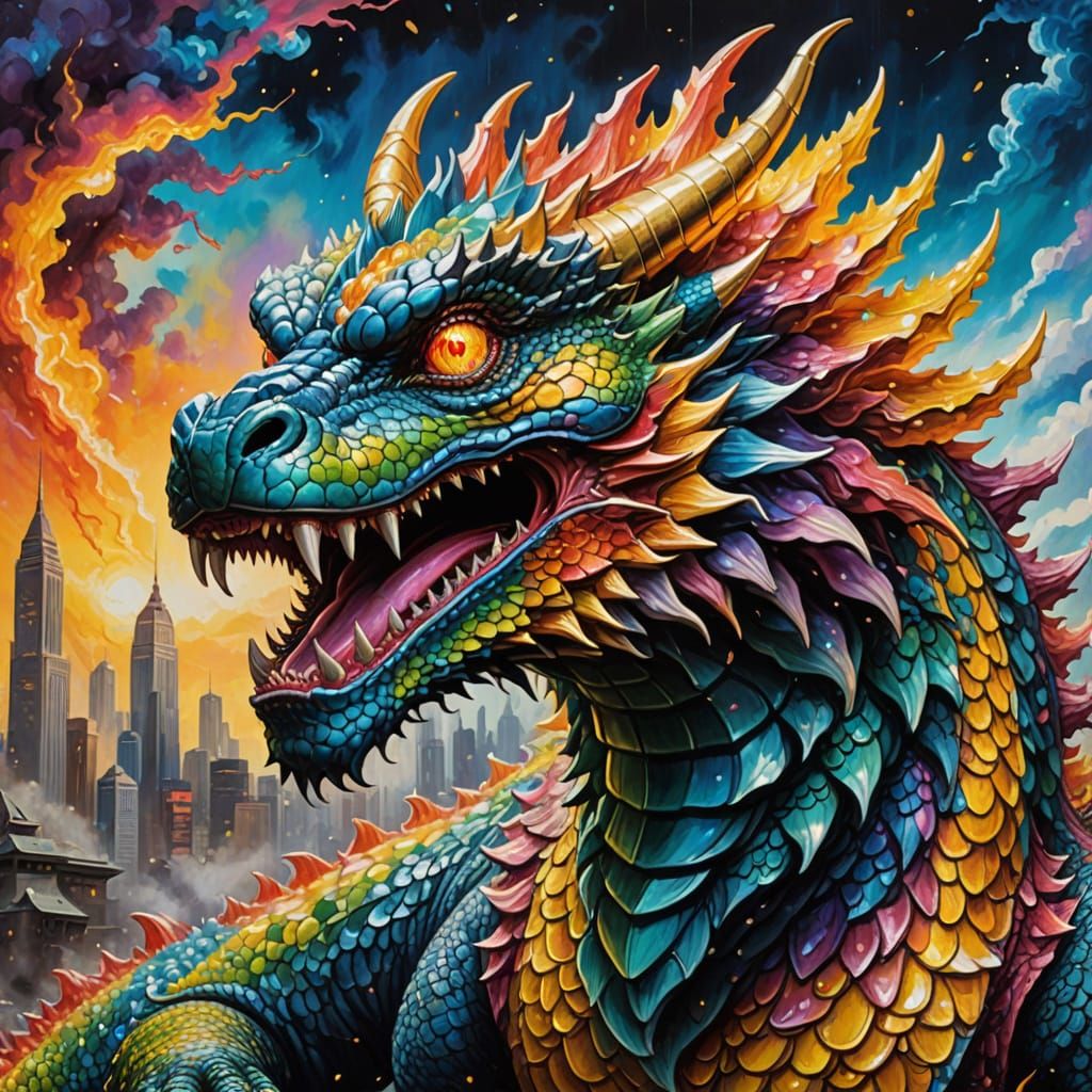 Rainbow Dragon Kaiju in Surreal Oil Painting