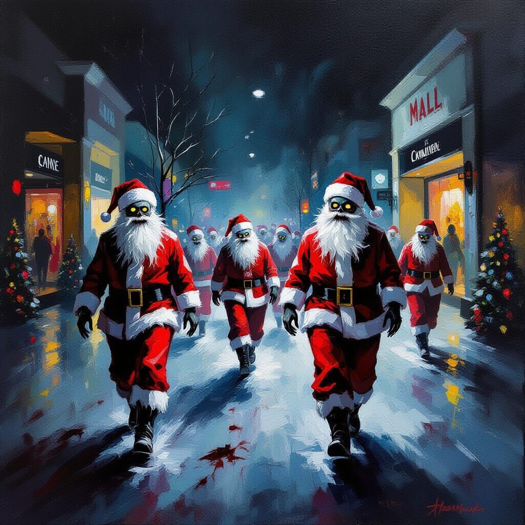 Zombie Mall Santas in Dark Impressionistic Horror