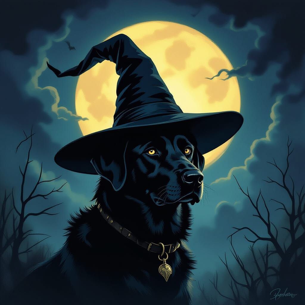 Beauceron Dog in Witch Hat Under Eerie Moonlight