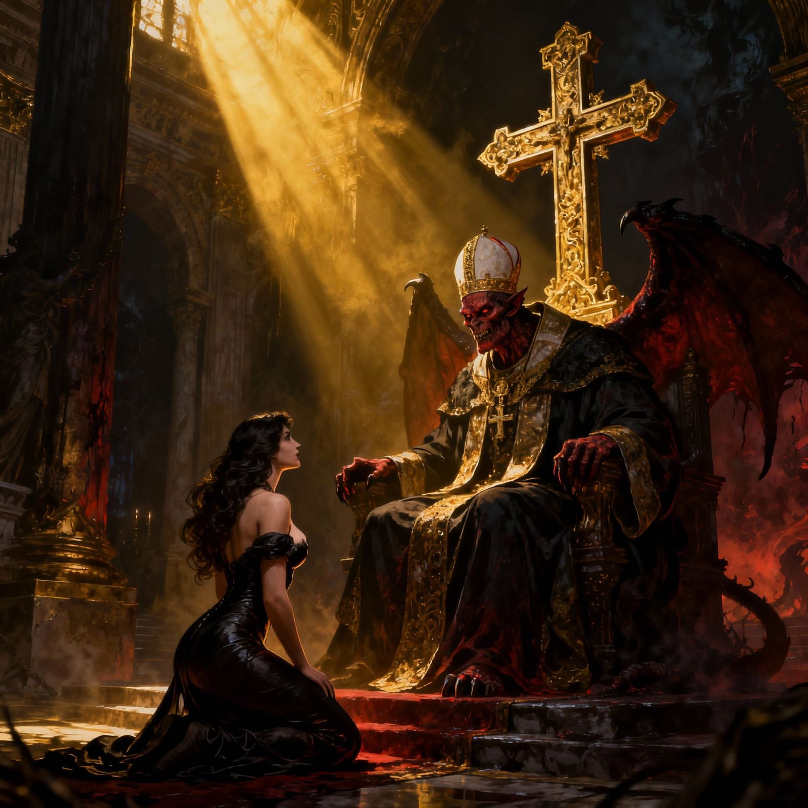 Alluring Woman Before Demon Pope in Temple, Gustave Doré Sty...