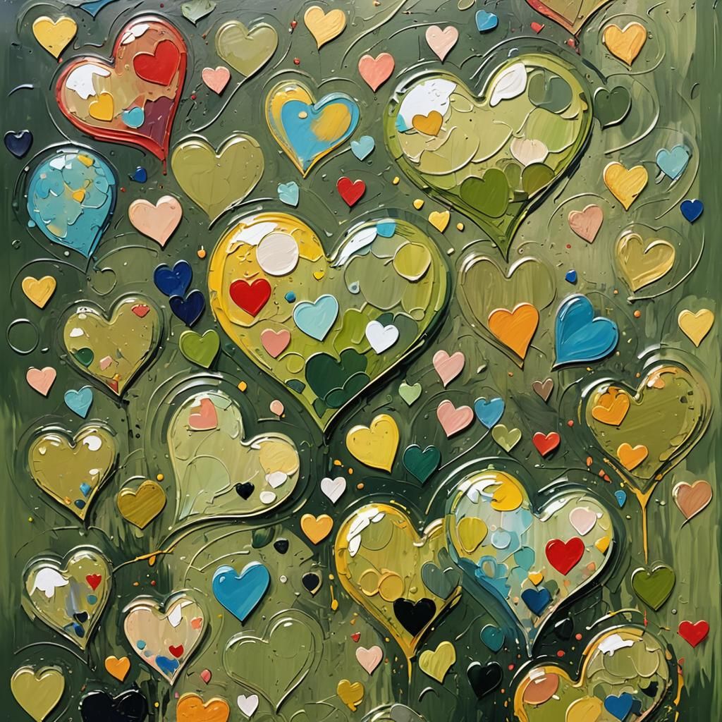 Olive Green Heart and Rainbow Collage in Street Art Style