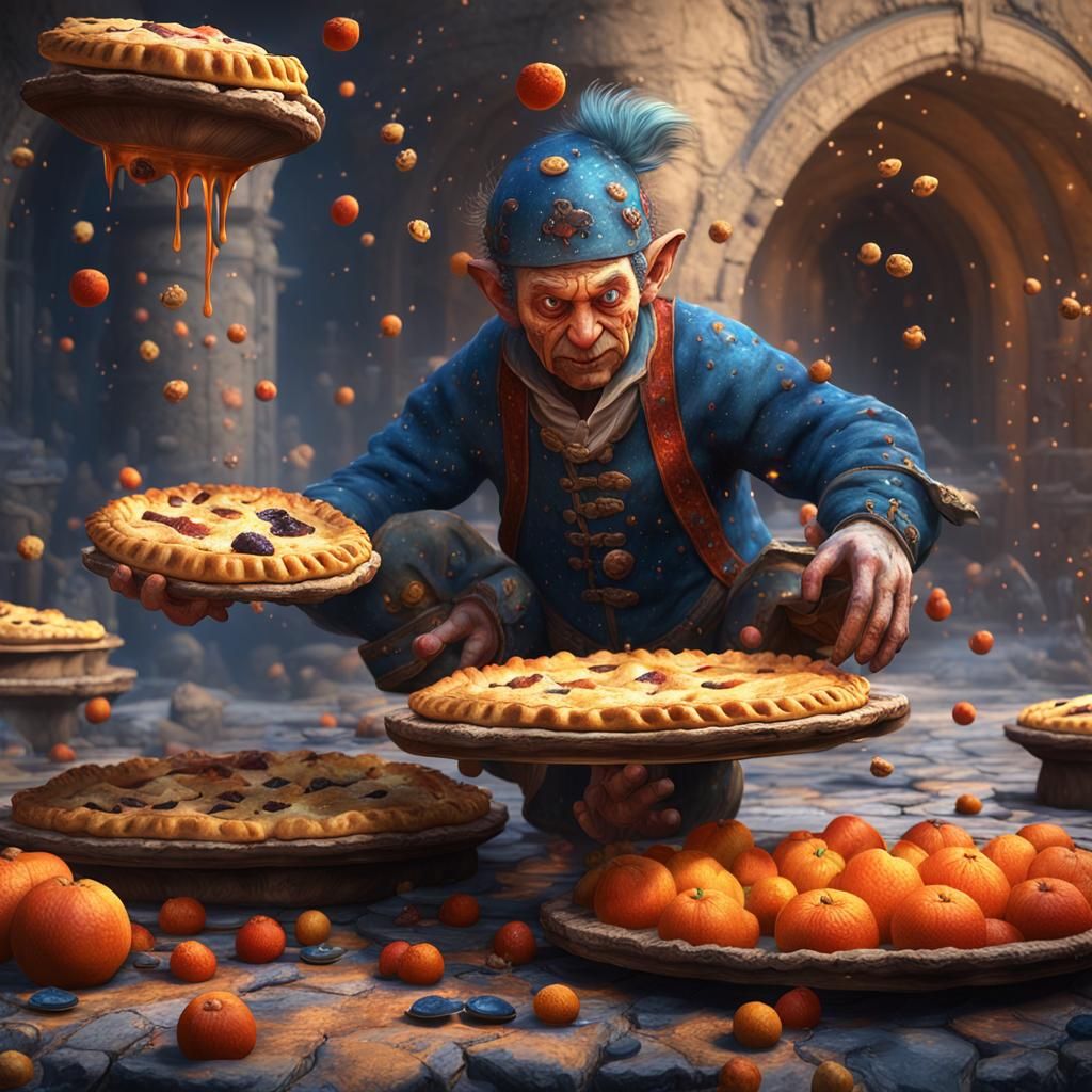 Halfling Juggler Drops Pies in Dreamlike Fantasy Scene