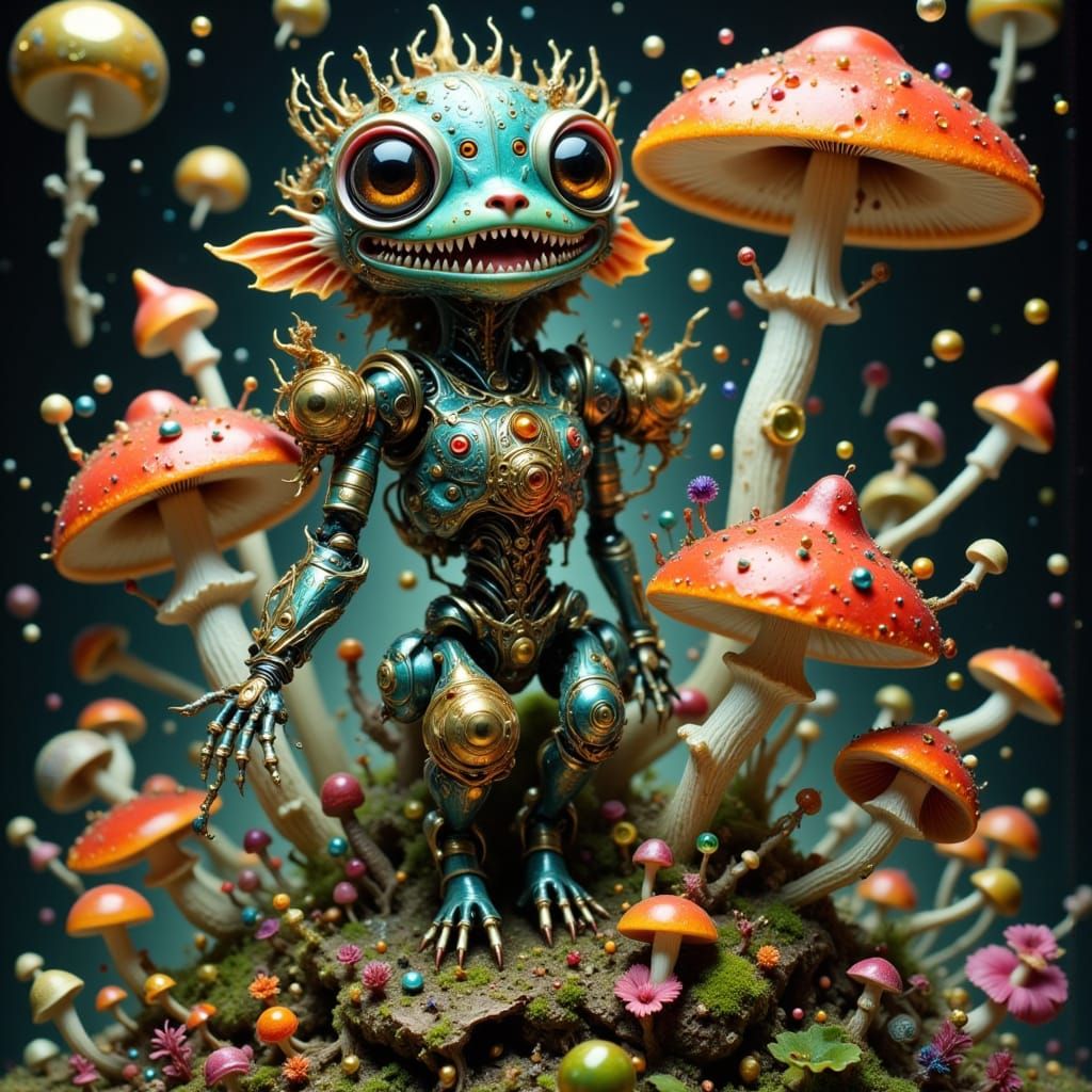 Art Nouveau Gremlins Evolving into Mushrooms