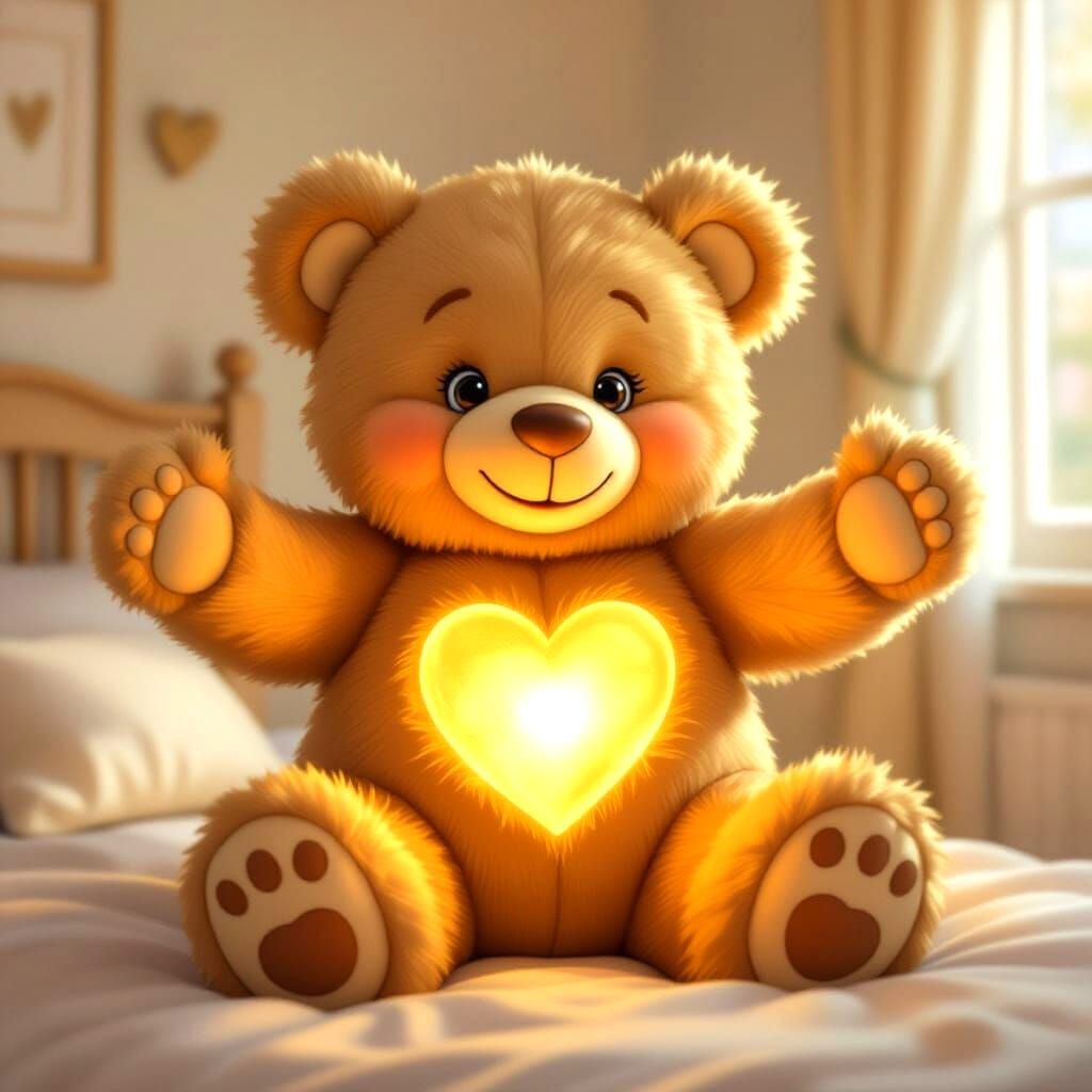 Giant White Teddy Bear with Golden Heart in Cozy Bedroom