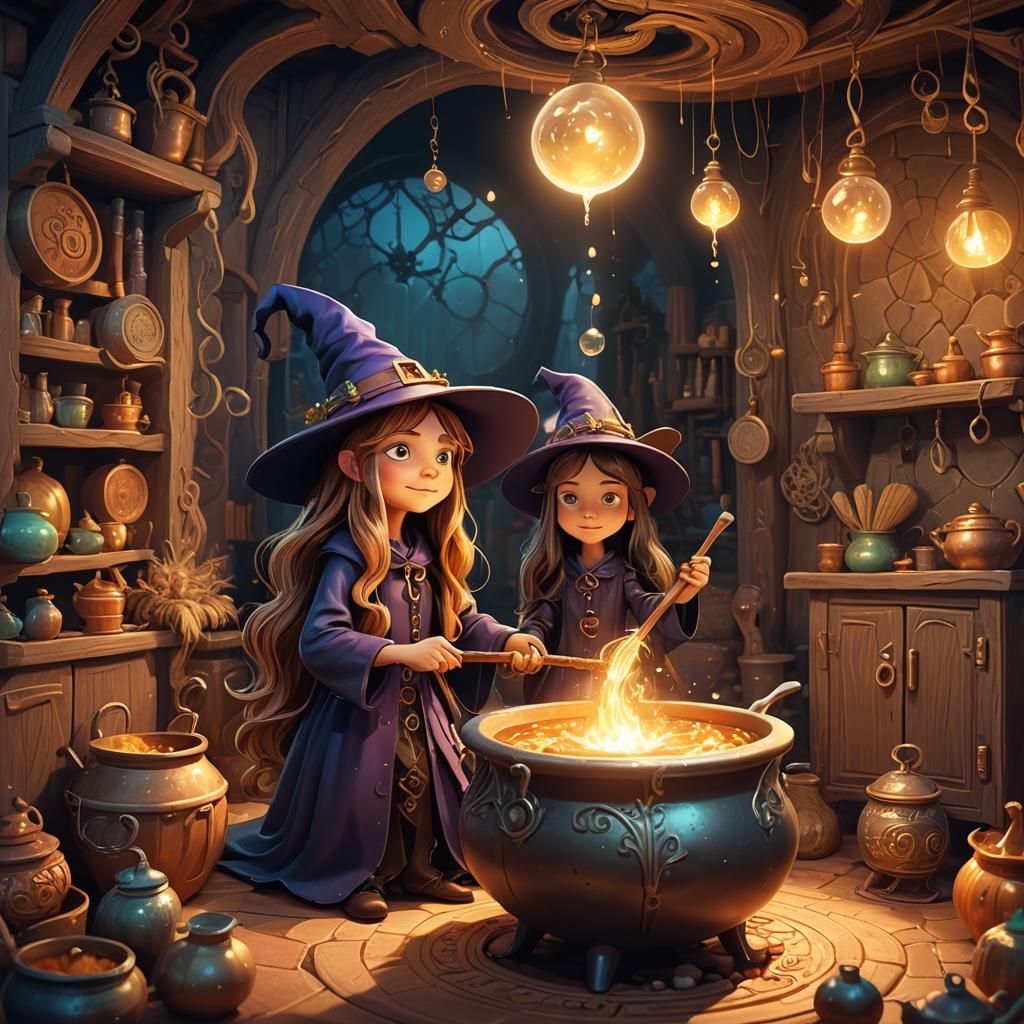 Whimsical Witch and Magic Pot in 3D Illustration