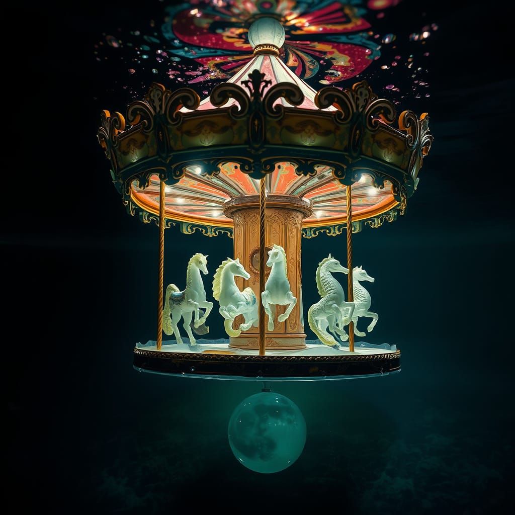 Submerged Sea Glass Carousel Bathed in Moonlight