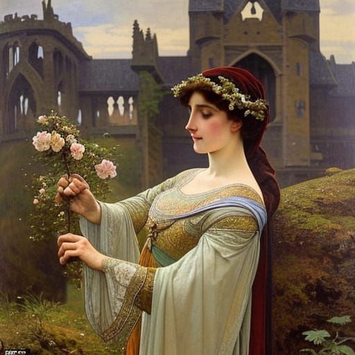 Tragic Woman Haunts Ruins: Pre-Raphaelite Art Nouveau