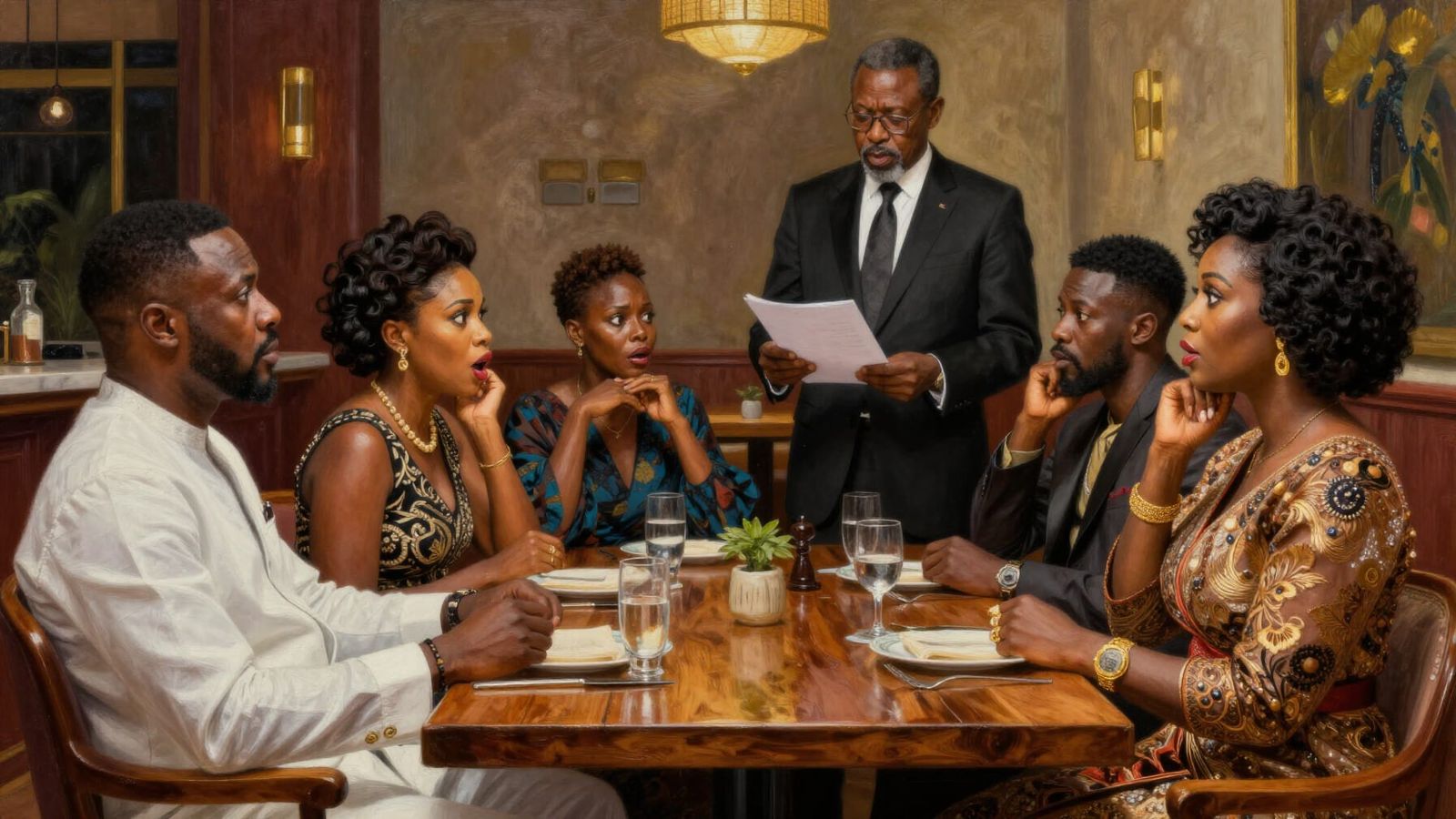Elegant Nigerian Night Cafe Gathering in Oil Painting Style