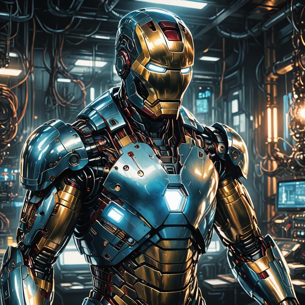 Iron Man Concept Art in Dimly Lit Lab