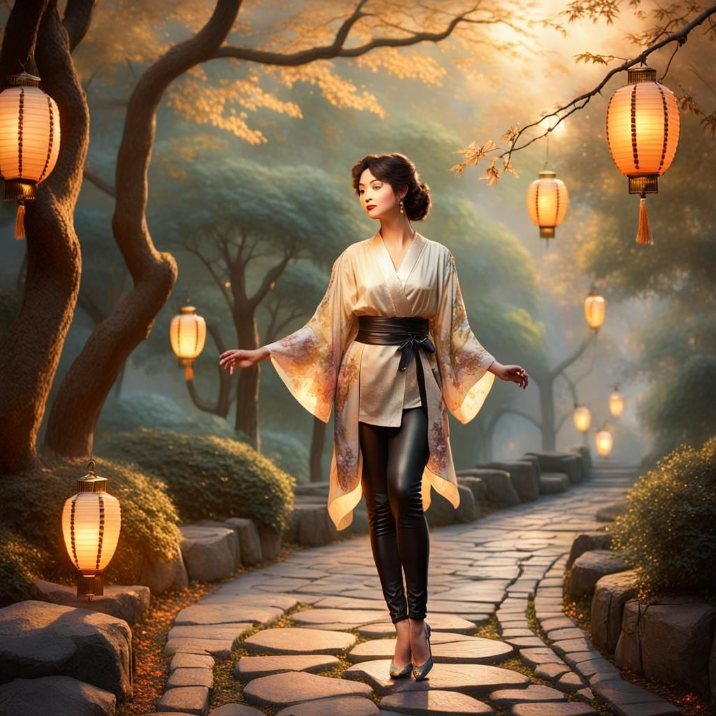 Ethereal Woman in Leather Leggings, Kinkade Style
