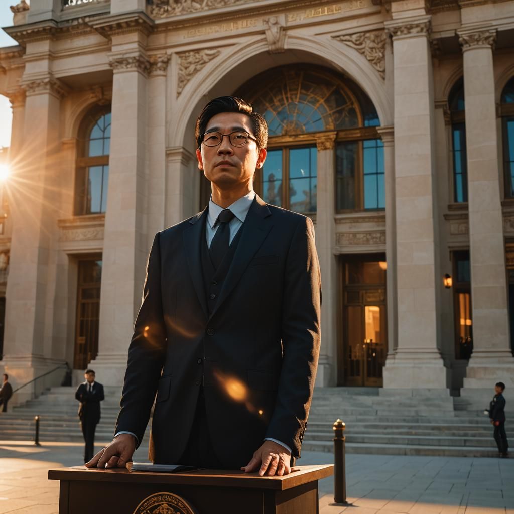 Asian Man at Podium: Cinematic Government Building Scene