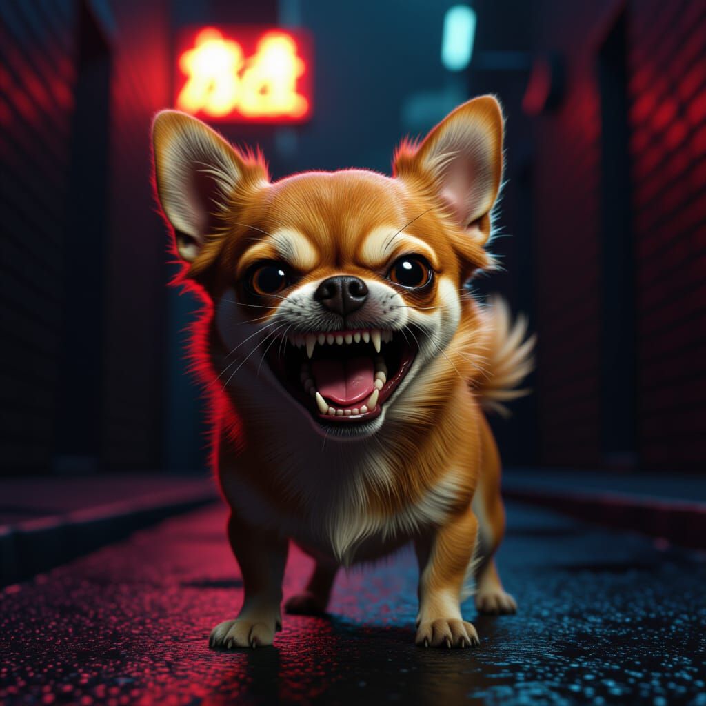 Angry Chihuahua Snarling in Neon Alleyway