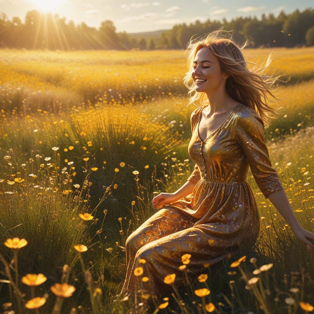 Joyful Person in Sunlit Meadow, Impressionistic Style