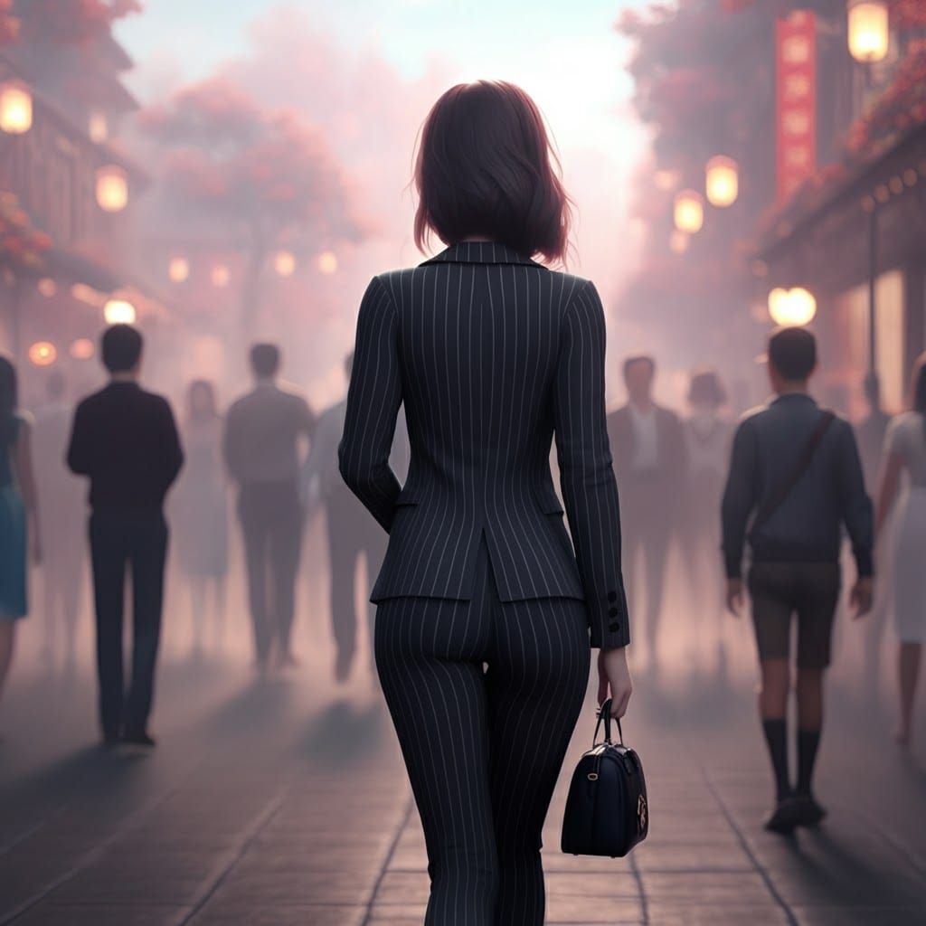 Anime Style Woman in Pinstripe Suit