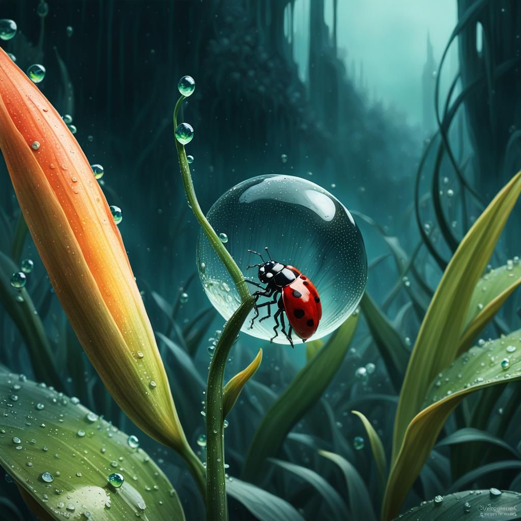 A ladybug drinking from dew drop