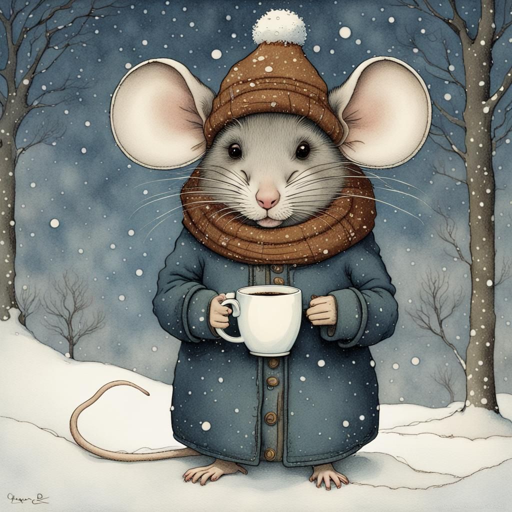 Mouse with Coffee in Winter, Fairy Tale Illustration