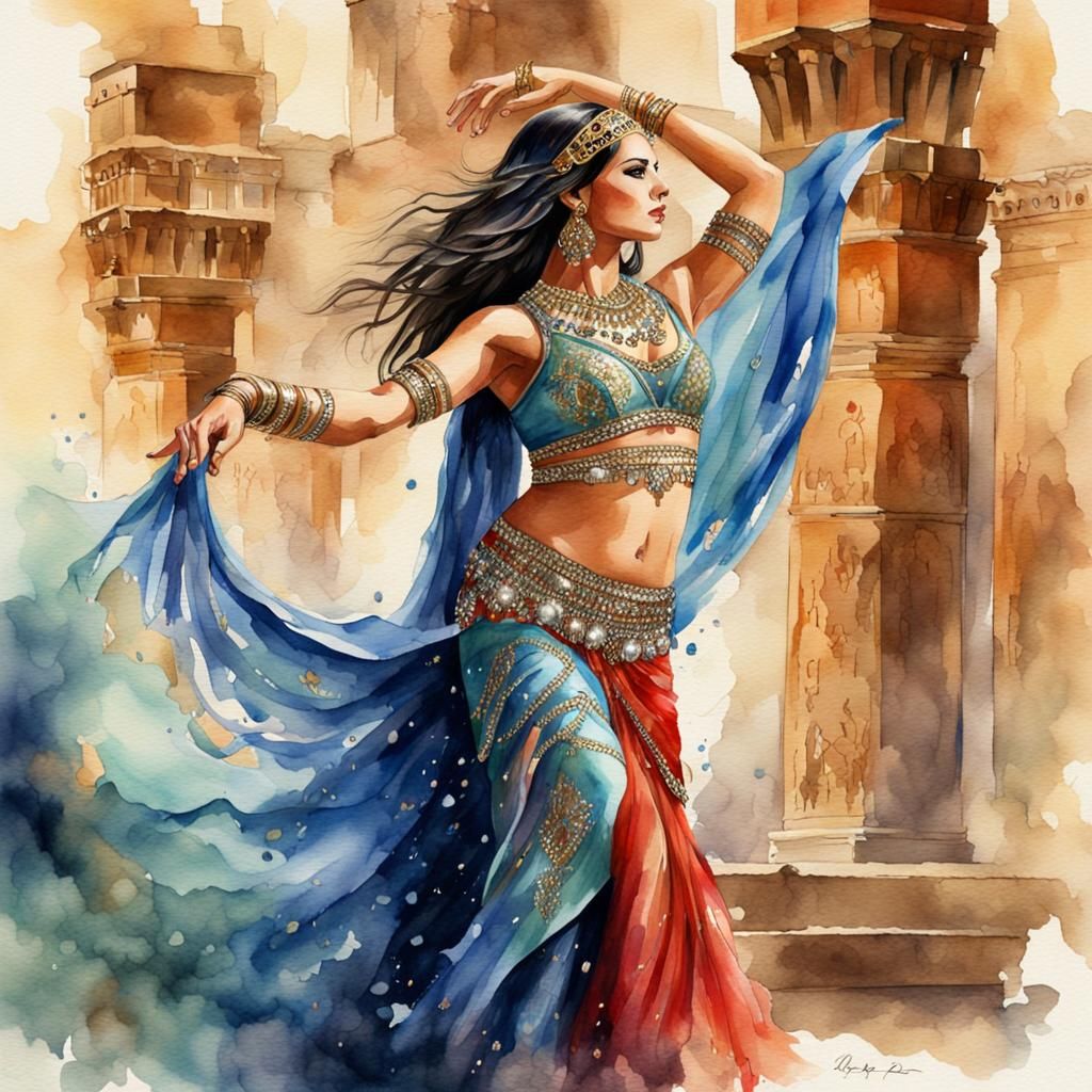 Hyper-Realistic Watercolor of a Beautiful Belly Dancer