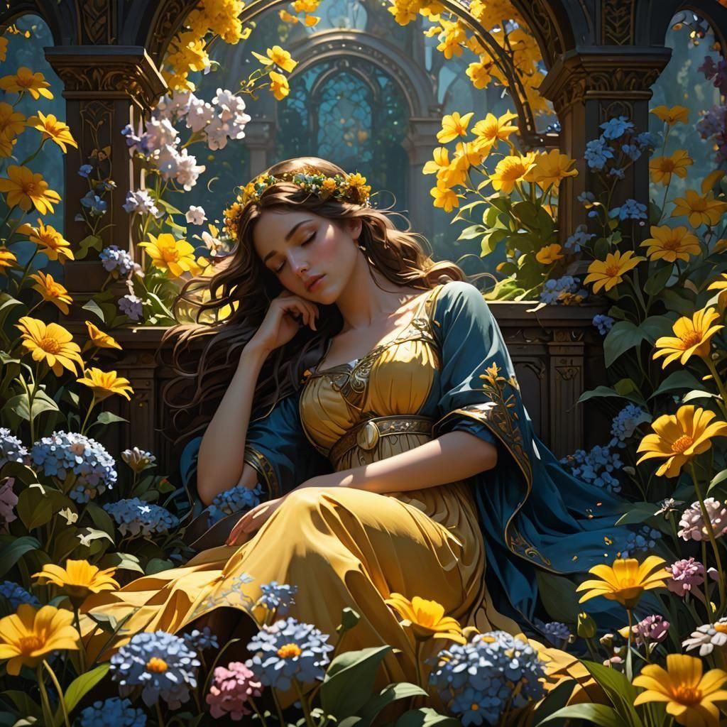 Dreamy Floral Slumber in Dark Fantasy Art