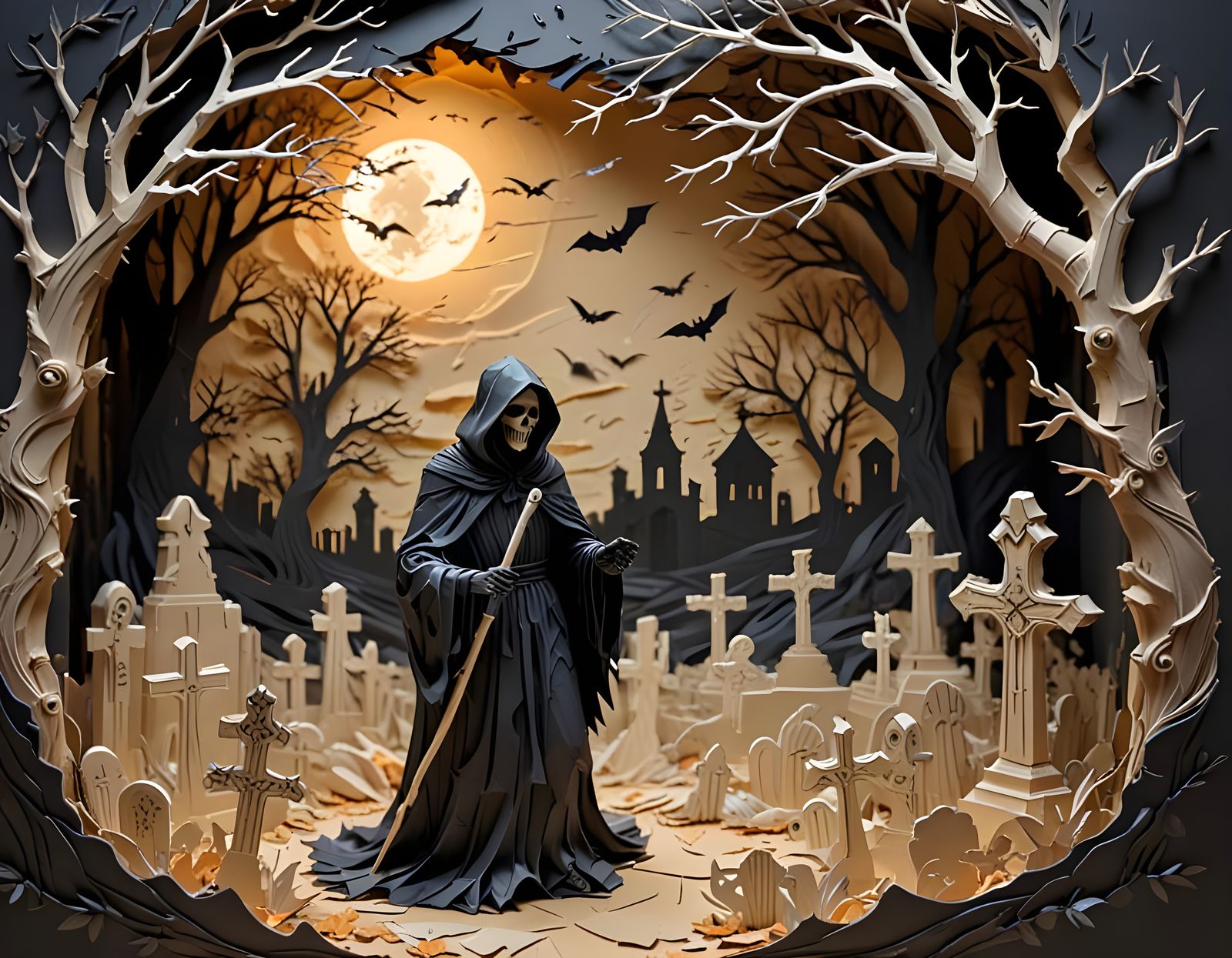 Surreal Paper Art Grim Reaper in Haunted Cemetery
