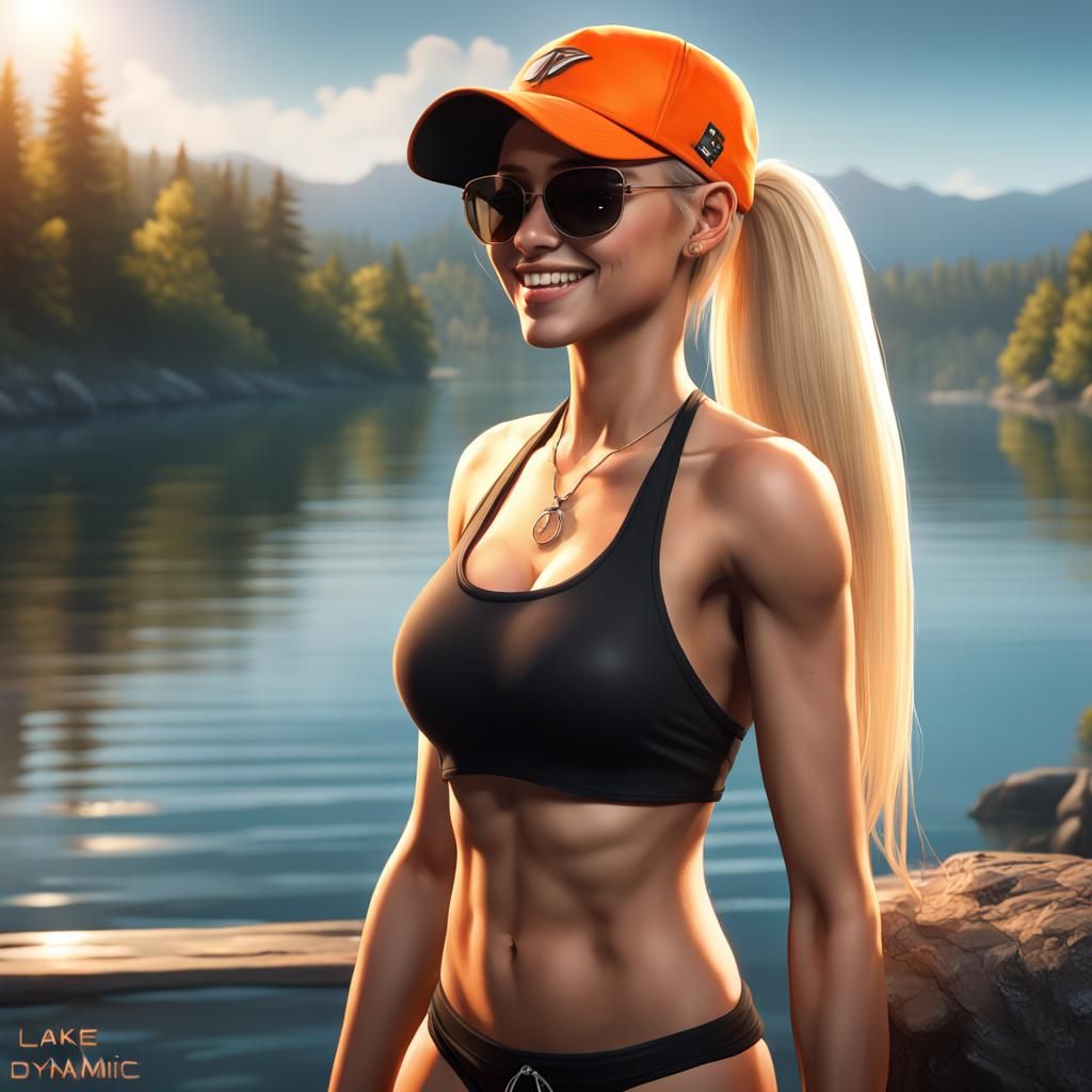 Smiling Blonde in Cap with Lake View