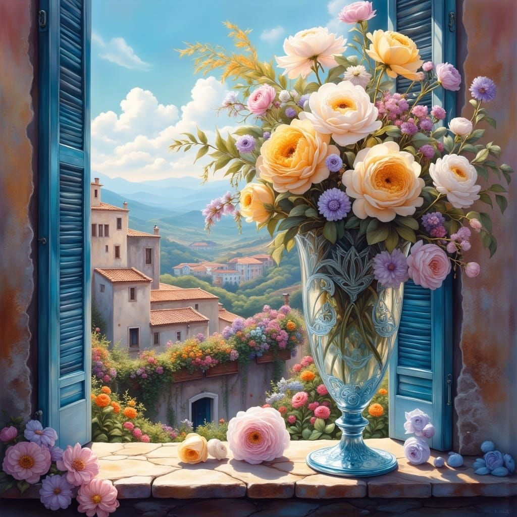 Crystal Vase Overflows with Lush Flowers Amidst a Dreamy Med...