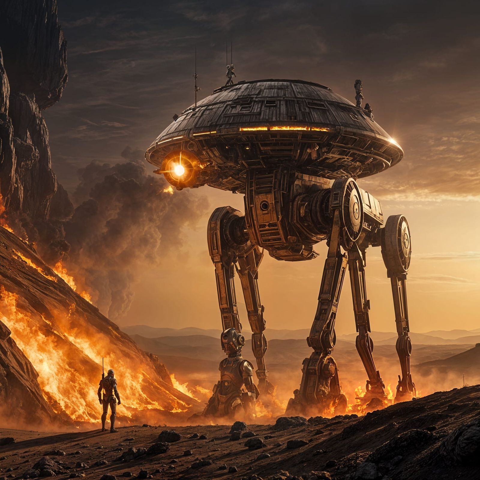 Burning Alien Spaceport Overlooked by Battle Droid
