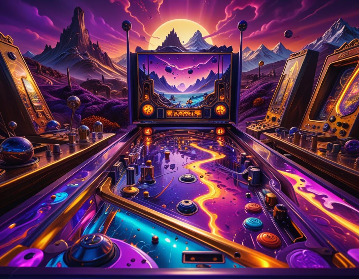 Surreal Pinball Machine Dreamscape in Oil Painting Style