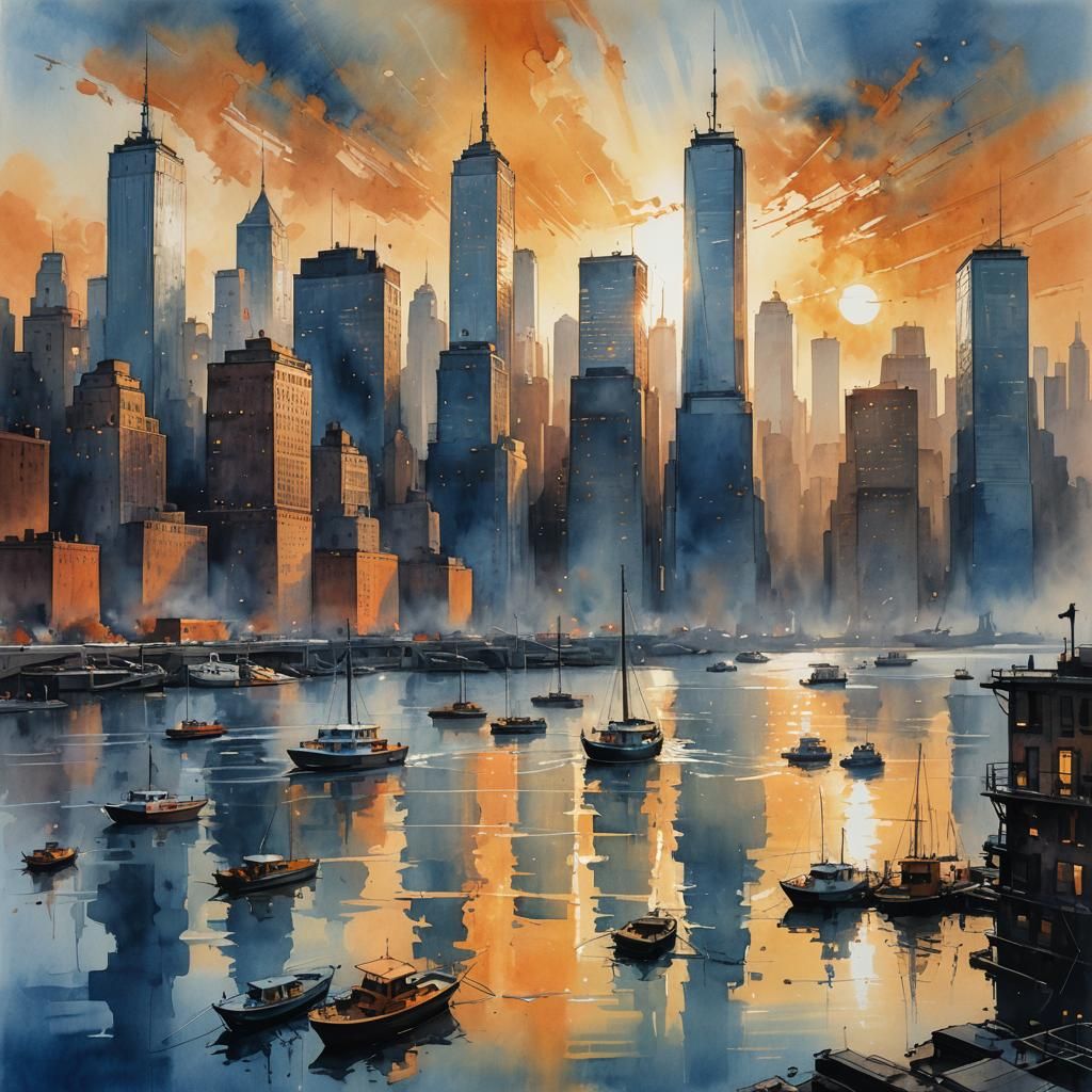Manhattan Sunrise Ink and Acrylic Urban Landscape