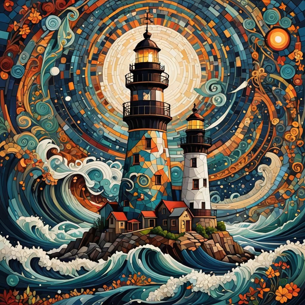 Mosaic Lighthouse Landscape in Geometric Abstract Style