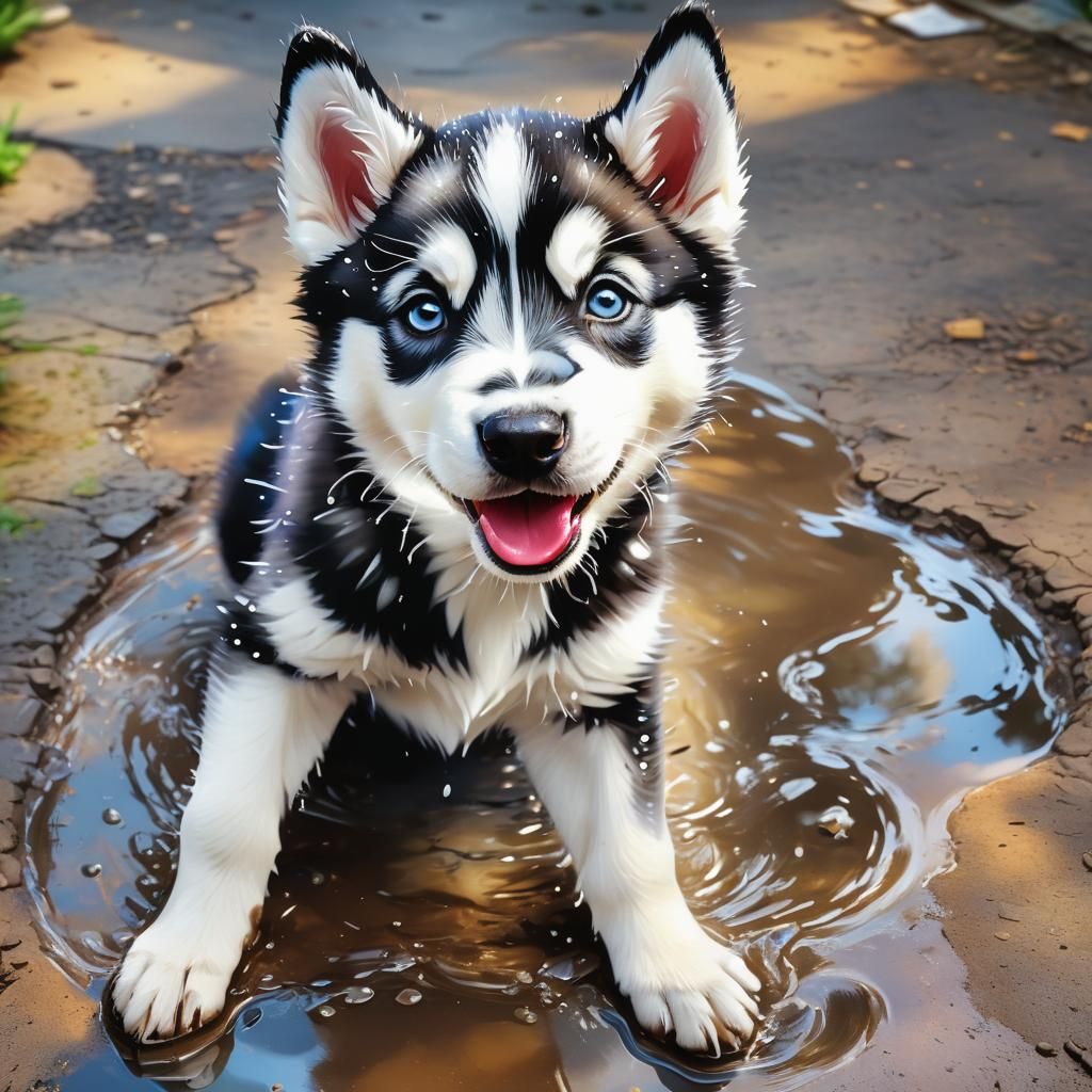 Hyperrealistic Husky Puppy Plays in Water Puddle
