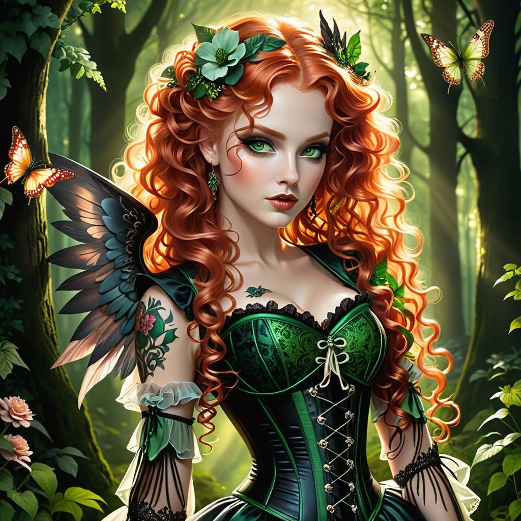 Gothic Beauty with Wings in Enchanted Forest