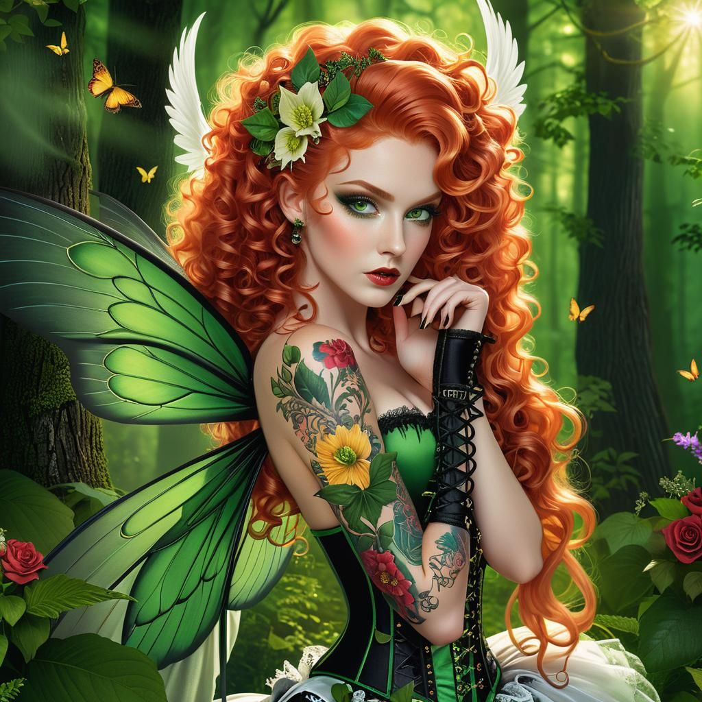 Gothic Beauty with Wings in Mystical Forest