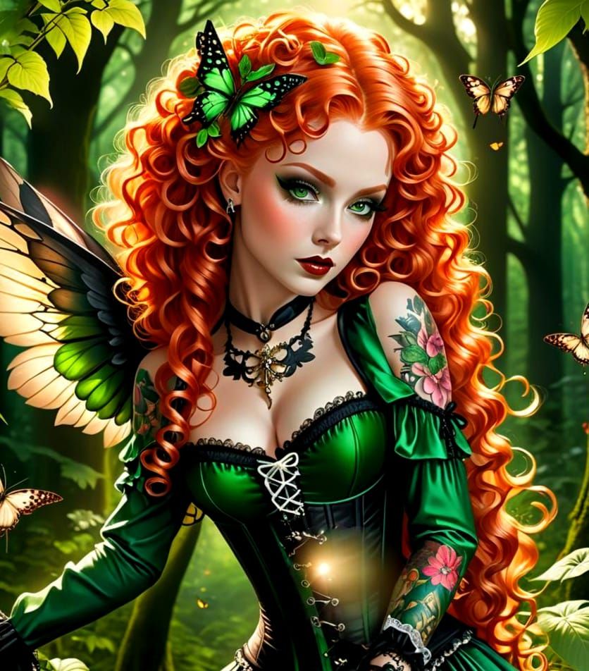 Elegant Gothic Beauty with Wings in Enchanted Forest