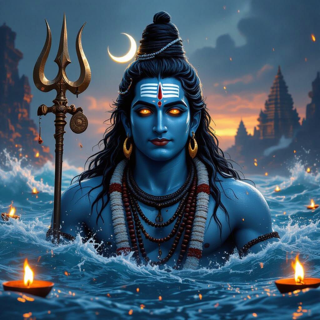 Lord Shiva Emerging from the Ocean in Digital Painting Style