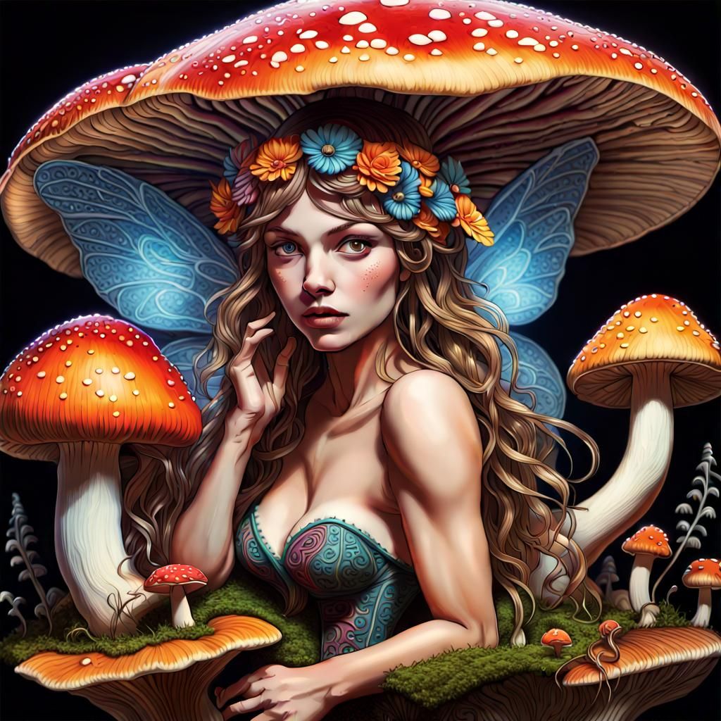 Psychedelic Fairy on Mushroom in Velvet Graffiti Art