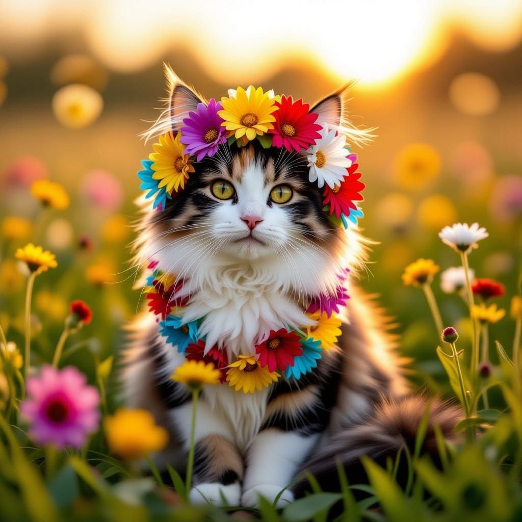 A cute cat sits in a flower field,