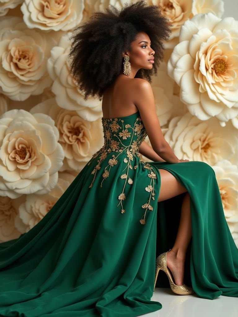 Woman in Emerald Gown with Gold Embroidery