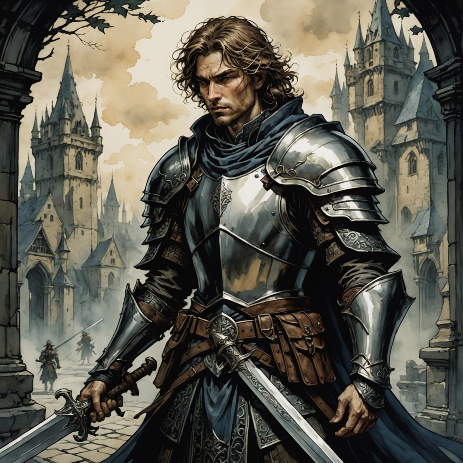 Paladin in Watercolor Style Inspired by Arthur Rackham