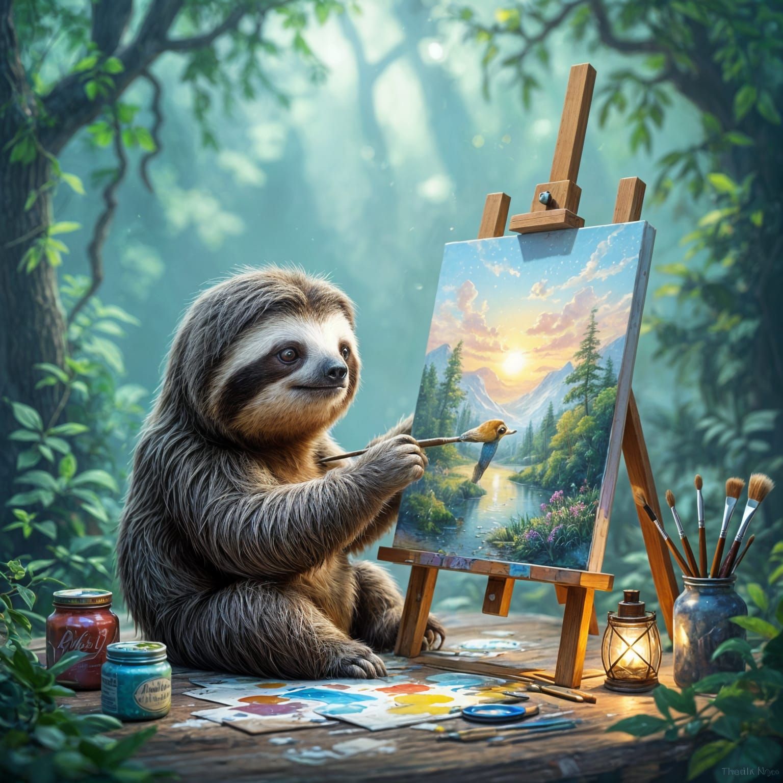 Cute Sloth Artist Painting Ethereal Fantasy Scene