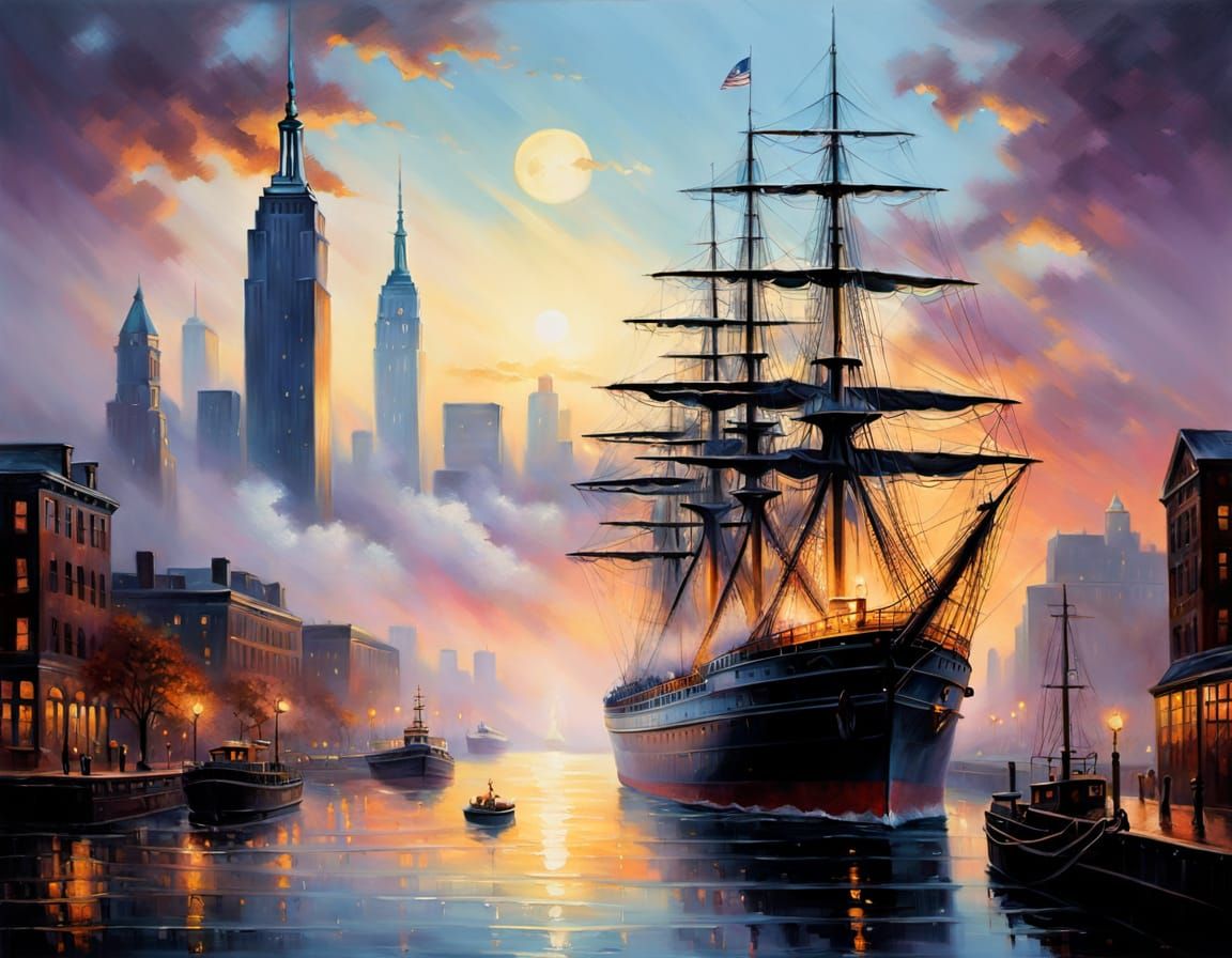 Morning Harbor Scene in Hyper-Realistic Oil Painting Style