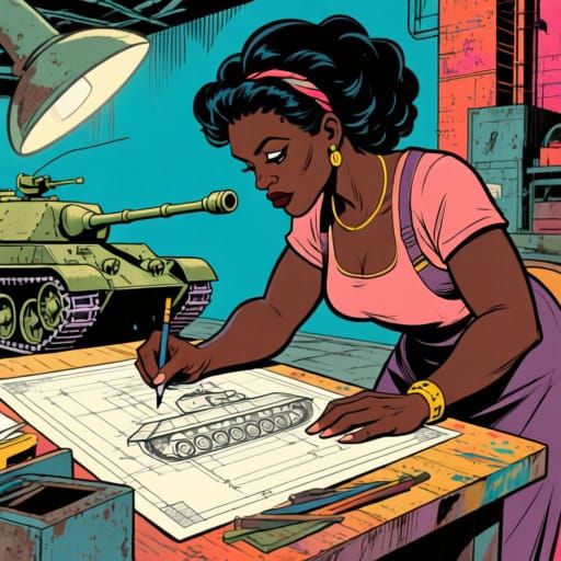 Vintage Comic Art of a Black Female Draftsman Designing a Ta...