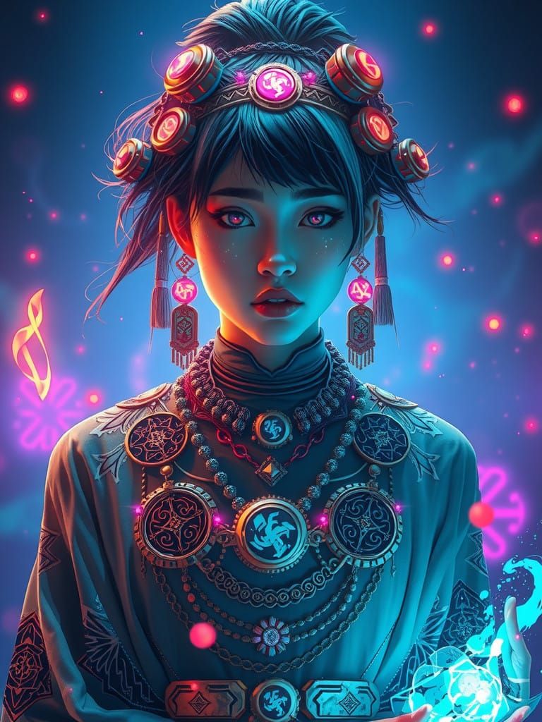 Cyberpunk Neo Chamanism Goddess in Neon Mysticism