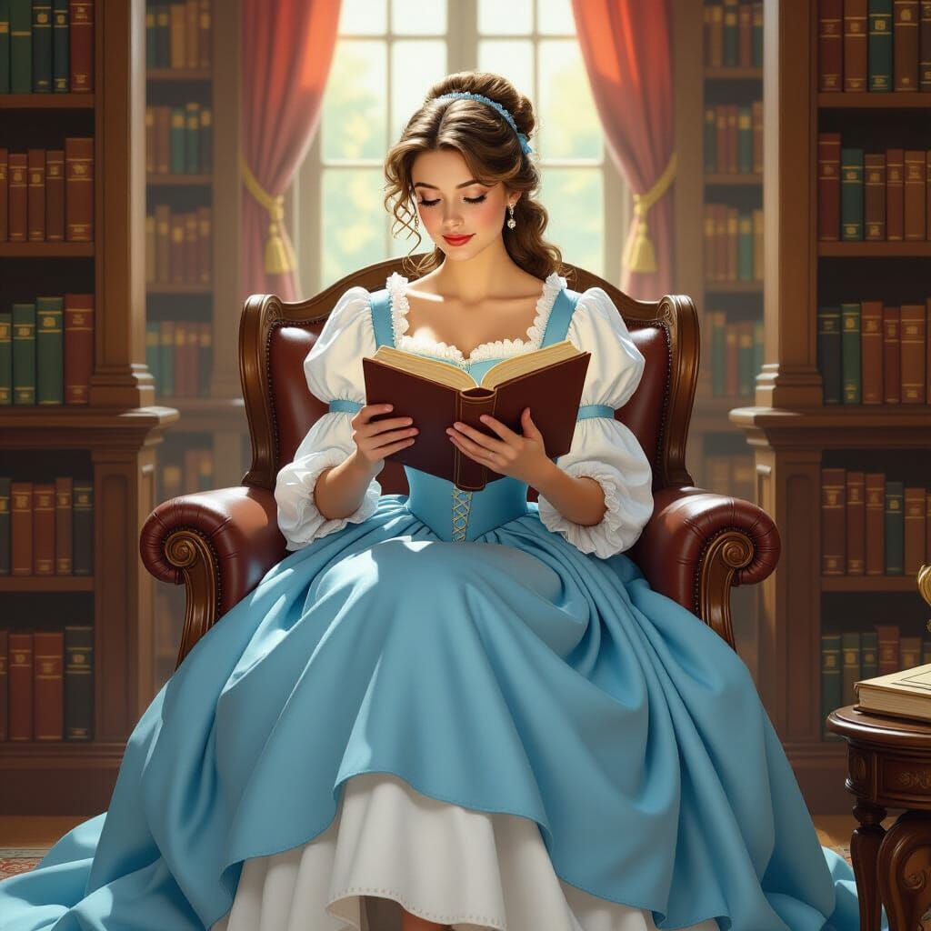 Belle in Library, Storybook Illustration