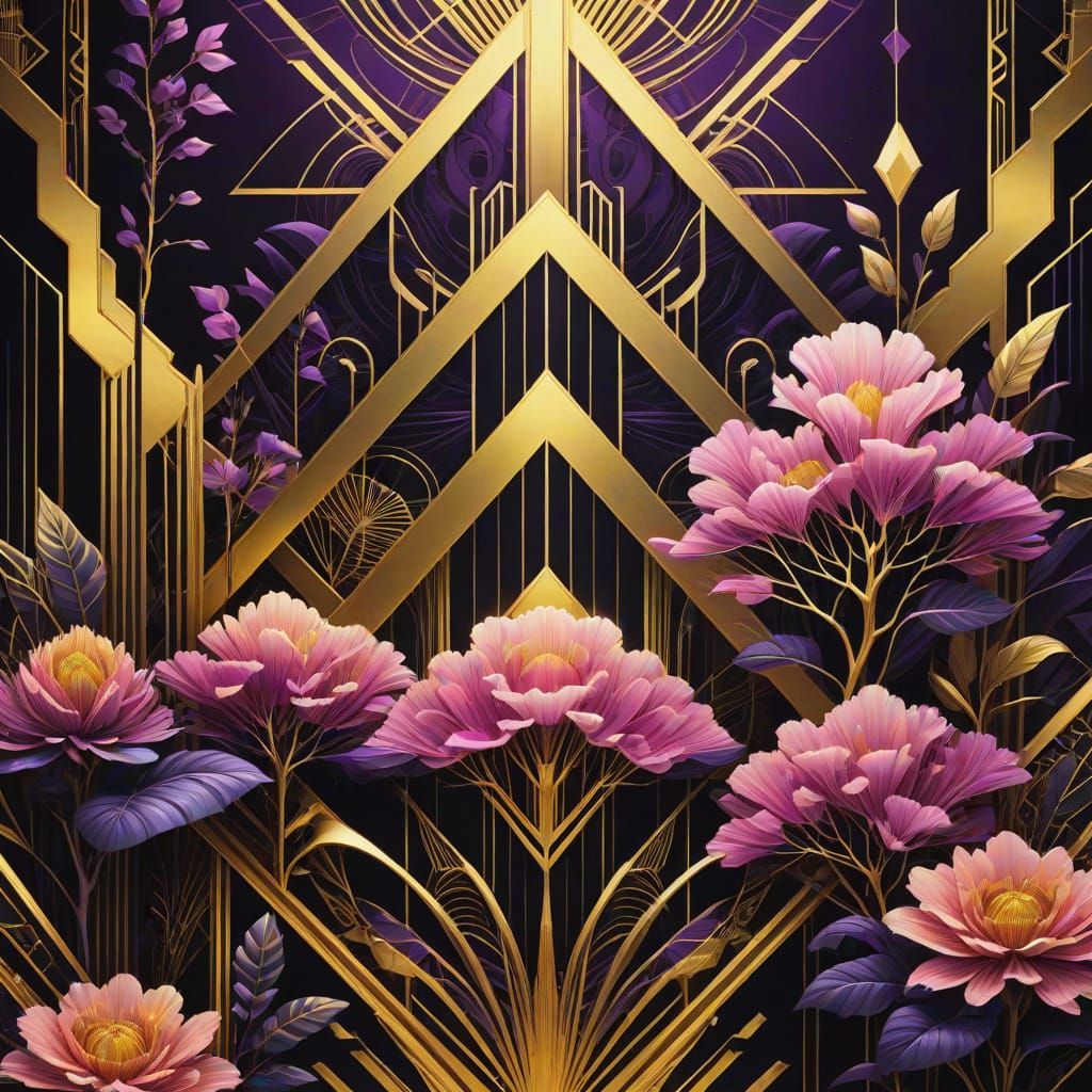 Electric Gold Art Deco Landscape: Geometric Mountains and Bl...