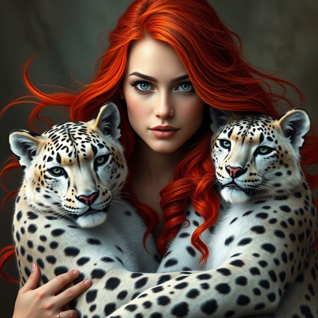 Hyperrealistic Portrait of Lady with Snow Leopards