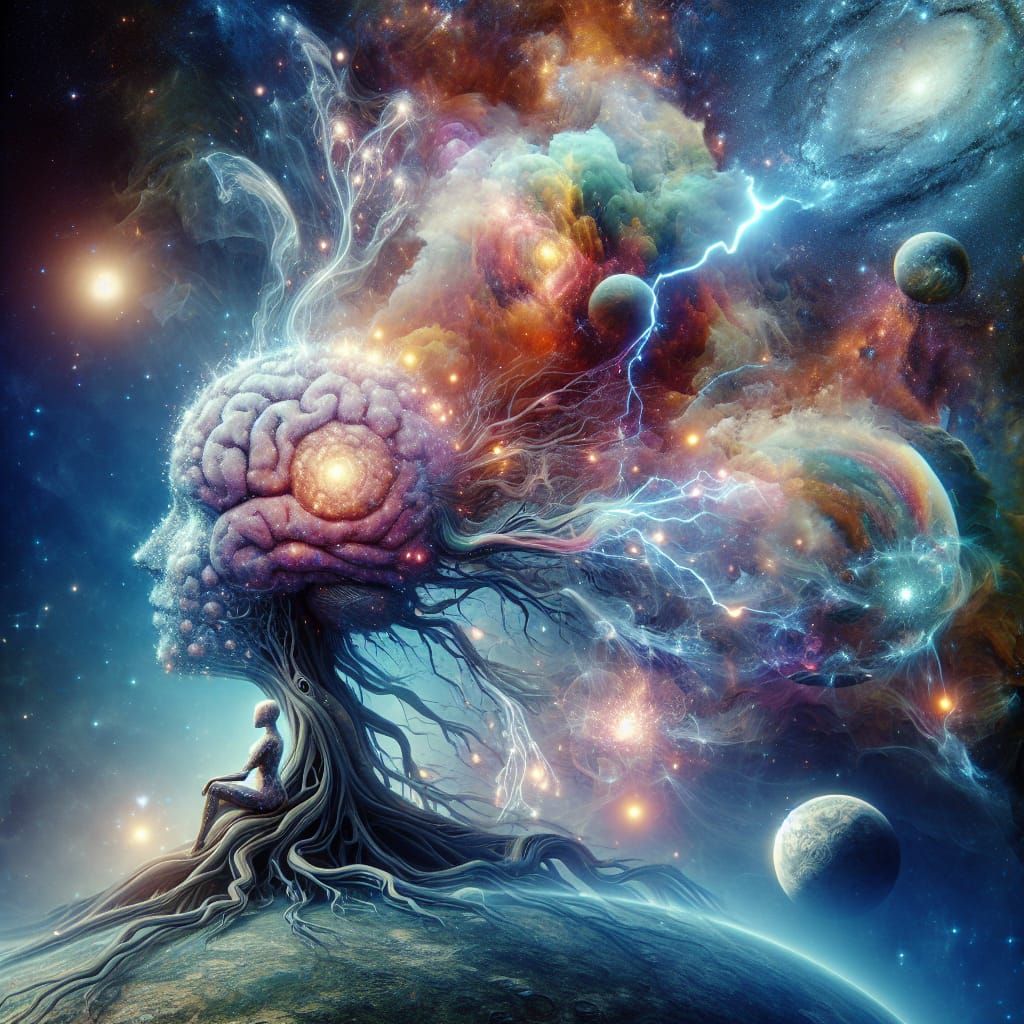 Cosmic Brain-Tree Deity in Ethereal Landscape