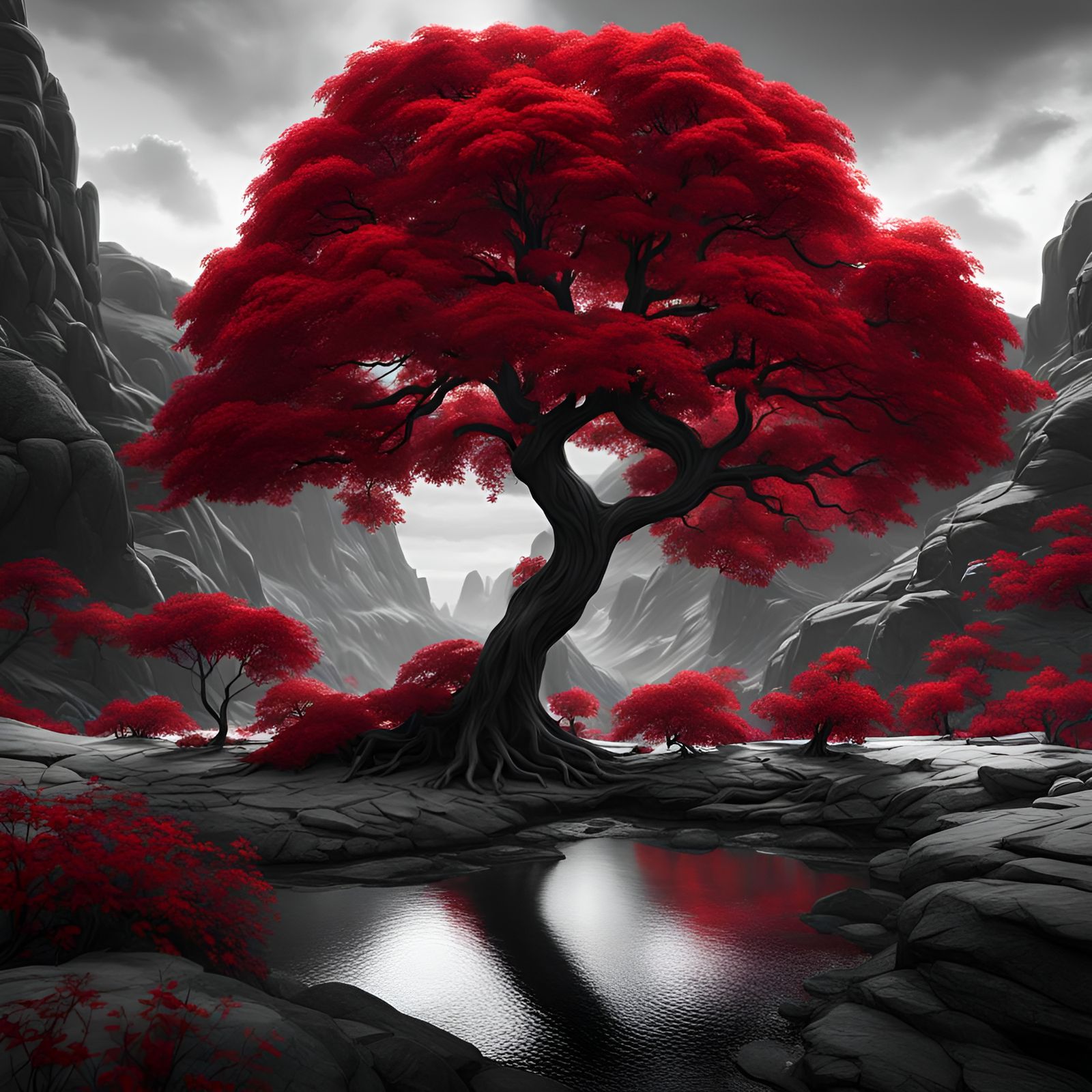 Crimson Tree in Black and White Landscape