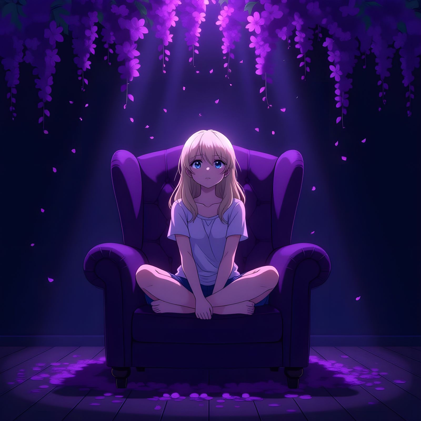 Anime Girl in Purple Armchair, Flowers Fall as Ash